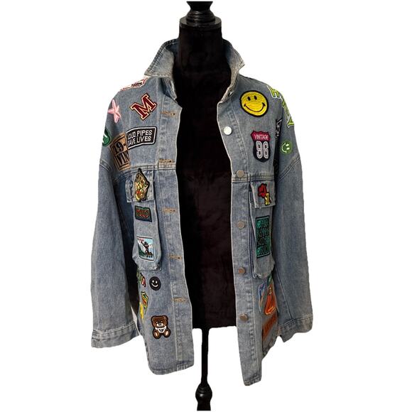 Embroidered Patch Button Up Long Sleeve Denim Jacket Shacket Hip Hop Streetwear - Picture 6 of 11